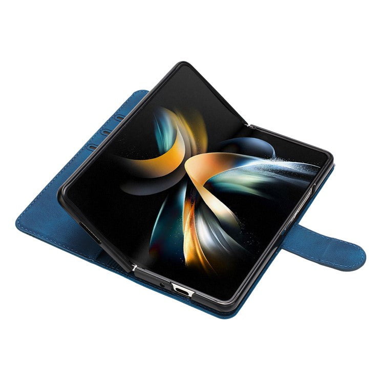 YX003 For Samsung Galaxy Z Fold4 5G PU Leather Wallet Folding Phone Case Imprinted Shockproof Cover - Sapphire