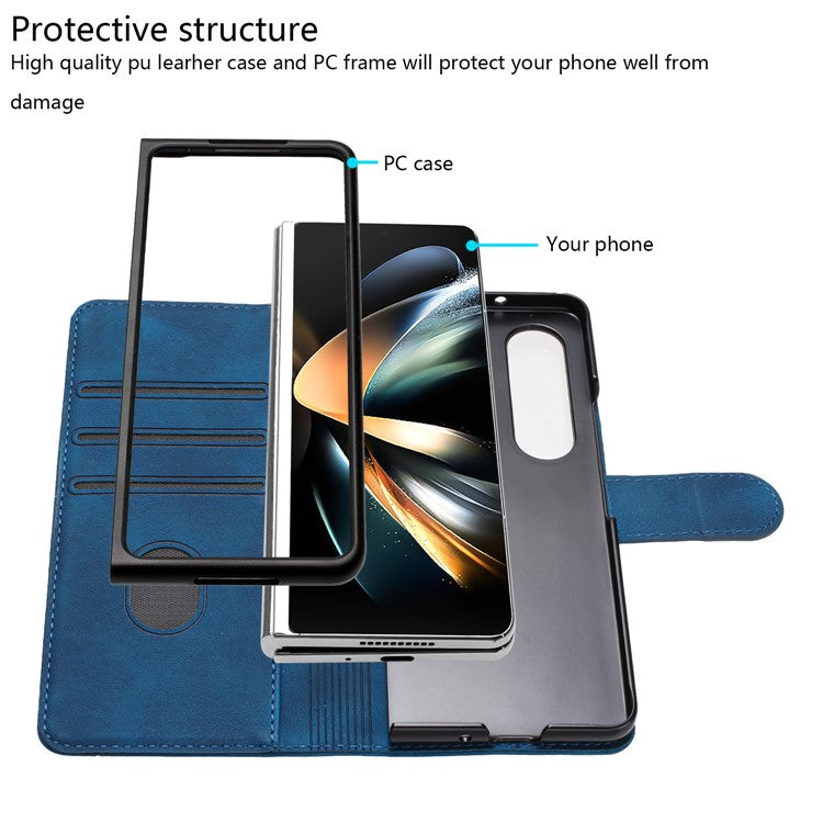 YX003 For Samsung Galaxy Z Fold4 5G PU Leather Wallet Folding Phone Case Imprinted Shockproof Cover - Sapphire