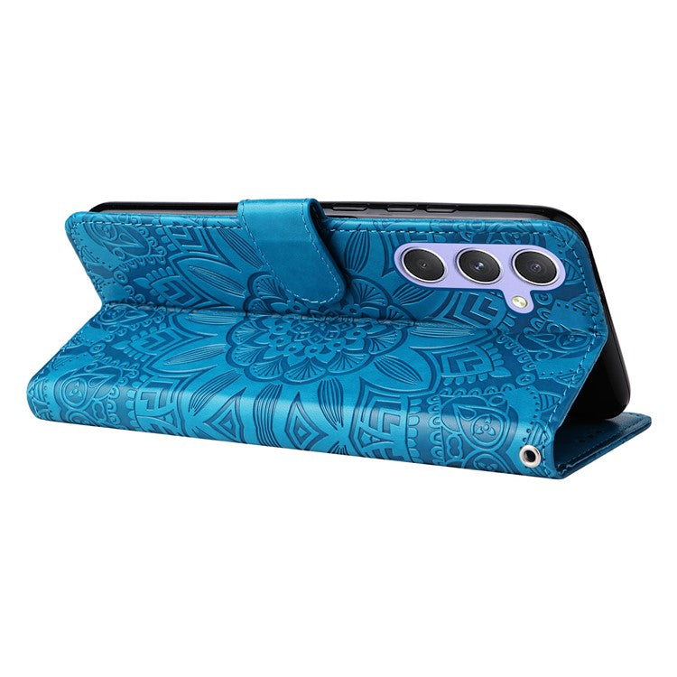 For Samsung Galaxy M54 5G / F54 5G PU Leather Flip Phone Case Sunflower Imprinted Stand Wallet Cover - Blue