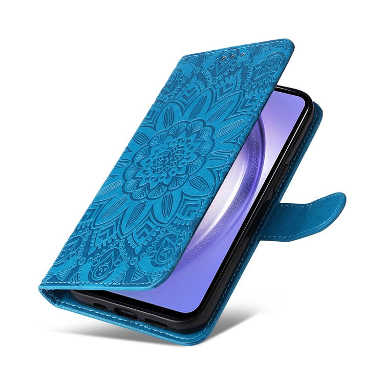 For Samsung Galaxy M54 5G / F54 5G PU Leather Flip Phone Case Sunflower Imprinted Stand Wallet Cover - Blue