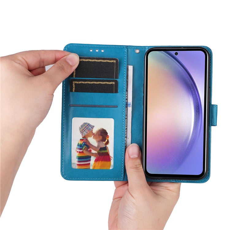 For Samsung Galaxy M54 5G / F54 5G PU Leather Flip Phone Case Sunflower Imprinted Stand Wallet Cover - Blue