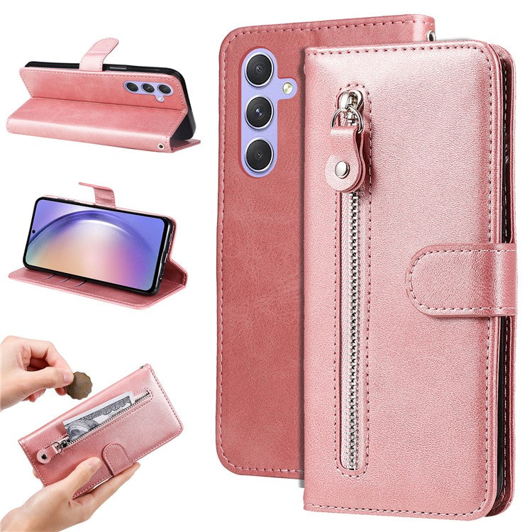 For Samsung Galaxy M54 5G / F54 5G PU Leather Zipper Pocket Phone Case Calf Texture Wallet Stand Cover - Pink