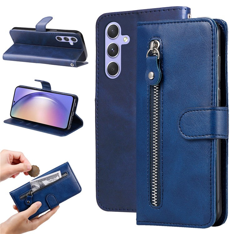 For Samsung Galaxy M54 5G / F54 5G PU Leather Zipper Pocket Phone Case Calf Texture Wallet Stand Cover - Blue