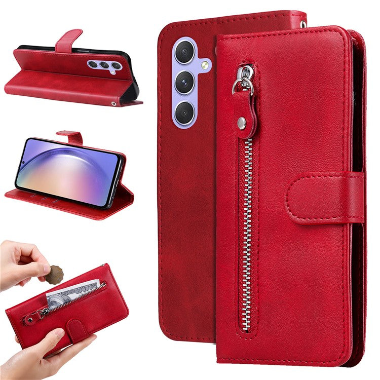 For Samsung Galaxy M54 5G / F54 5G PU Leather Zipper Pocket Phone Case Calf Texture Wallet Stand Cover - Red