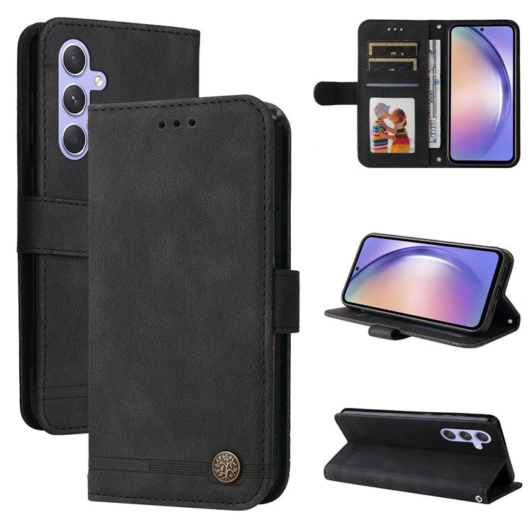 For Samsung Galaxy M54 5G / F54 5G PU Leather Skin-touch Phone Case Imprinted Lines Stand Wallet Cover - Black