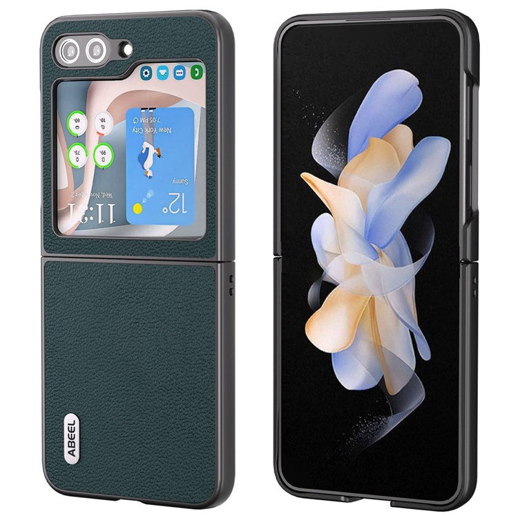 ABEEL For Samsung Galaxy Z Flip5 5G Genuine Cow Leather + PC Phone Case Ultra Thin Folding Cover - Green