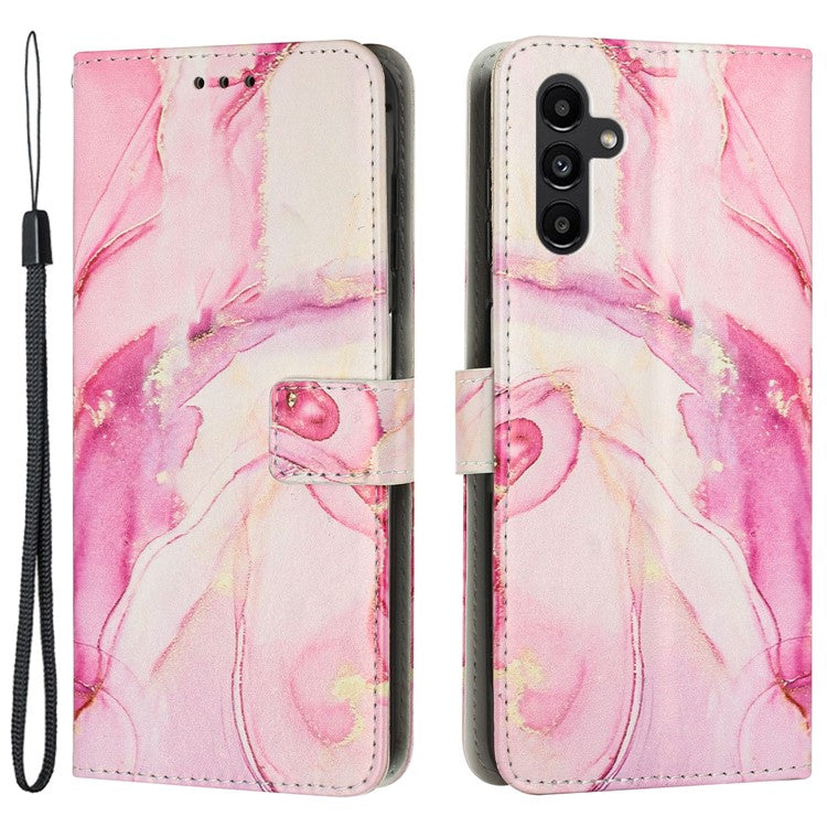 For Samsung Galaxy M14 5G Marble Pattern Flip Phone Case PU Leather Stand Wallet Cover with Strap - Rose Gold