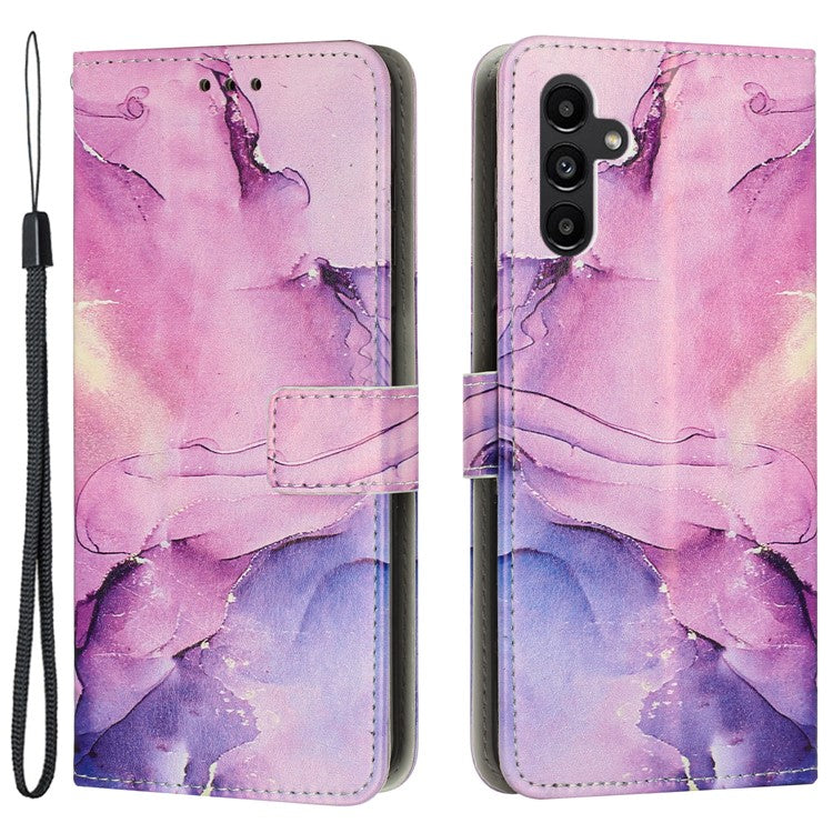 For Samsung Galaxy M14 5G Marble Pattern Flip Phone Case PU Leather Stand Wallet Cover with Strap - Purple