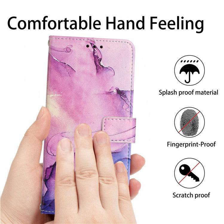 For Samsung Galaxy M14 5G Marble Pattern Flip Phone Case PU Leather Stand Wallet Cover with Strap - Purple