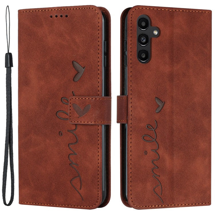 For Samsung Galaxy M14 5G Skin-touch Feeling Leather Phone Case Stand Imprinted Heart Wallet Phone Cover - Brown