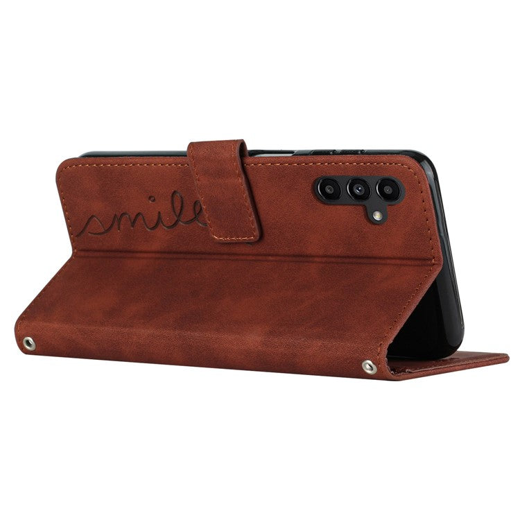 For Samsung Galaxy M14 5G Skin-touch Feeling Leather Phone Case Stand Imprinted Heart Wallet Phone Cover - Brown