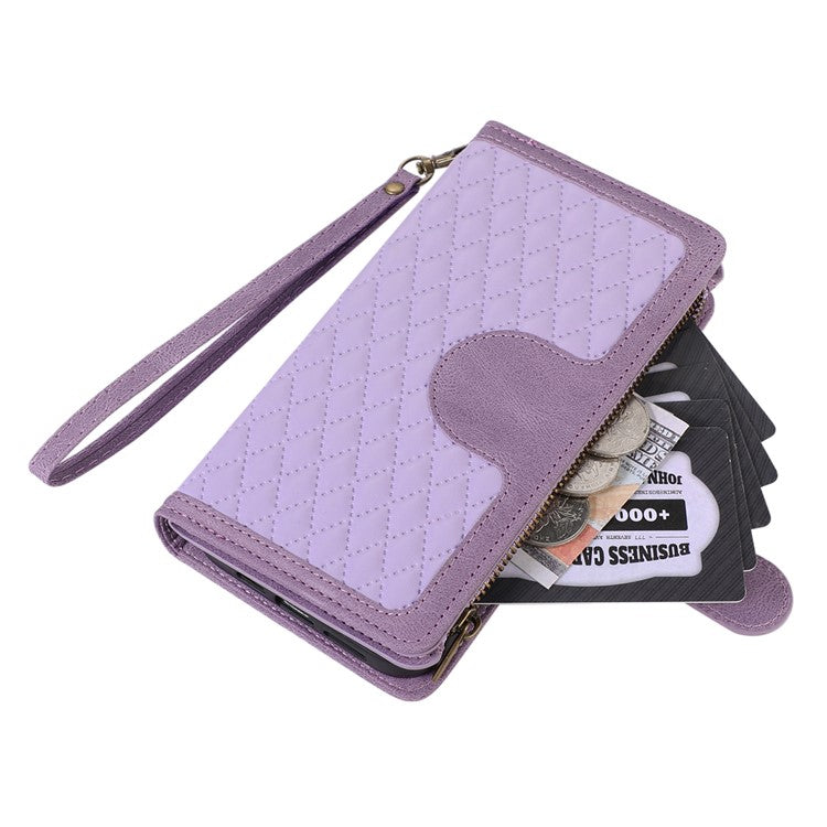 For Samsung Galaxy S23+ Zipper Pocket Leather Wallet Phone Case Rhombus Grid Card Holder Stand Cover - Purple