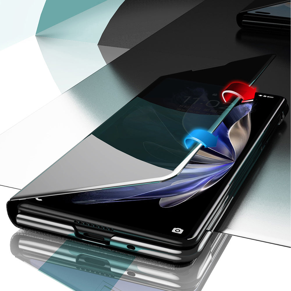 For vivo X Fold2 PU Leather Mirror Surface Phone Case Electroplating Stand Shockproof Cover - Black