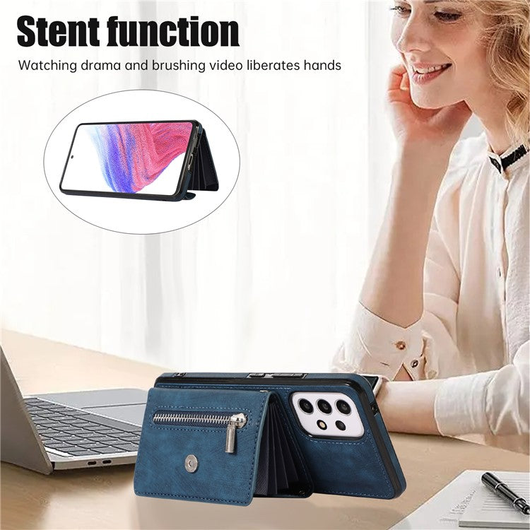 For Samsung Galaxy A53 5G Cell Phone Case RFID Blocking Card Bag Kickstand PU Leather+TPU Cover - Blue
