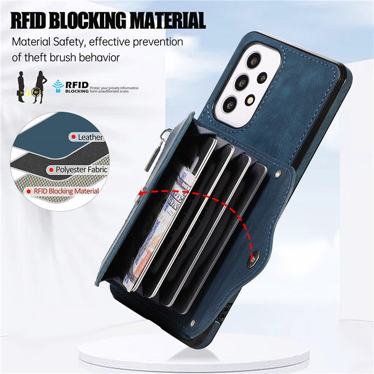 For Samsung Galaxy A53 5G Cell Phone Case RFID Blocking Card Bag Kickstand PU Leather+TPU Cover - Blue