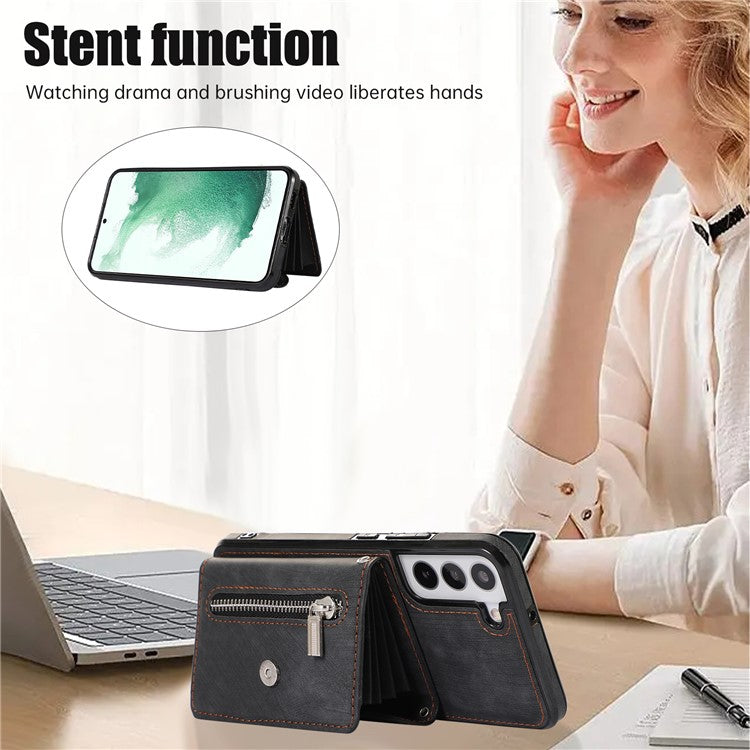 For Samsung Galaxy S21 FE 5G Smartphone Case Kickstand PU Leather+TPU Shell with RFID Blocking Card Bag - Black
