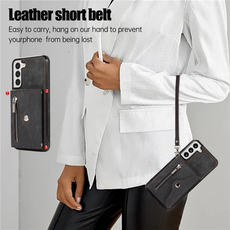 For Samsung Galaxy S21 FE 5G Smartphone Case Kickstand PU Leather+TPU Shell with RFID Blocking Card Bag - Black
