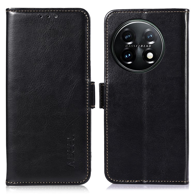 ABEEL For OnePlus 11 5G PU Leather Cell Phone Case Crazy Horse Texture Stand Wallet Flip Cover - Black