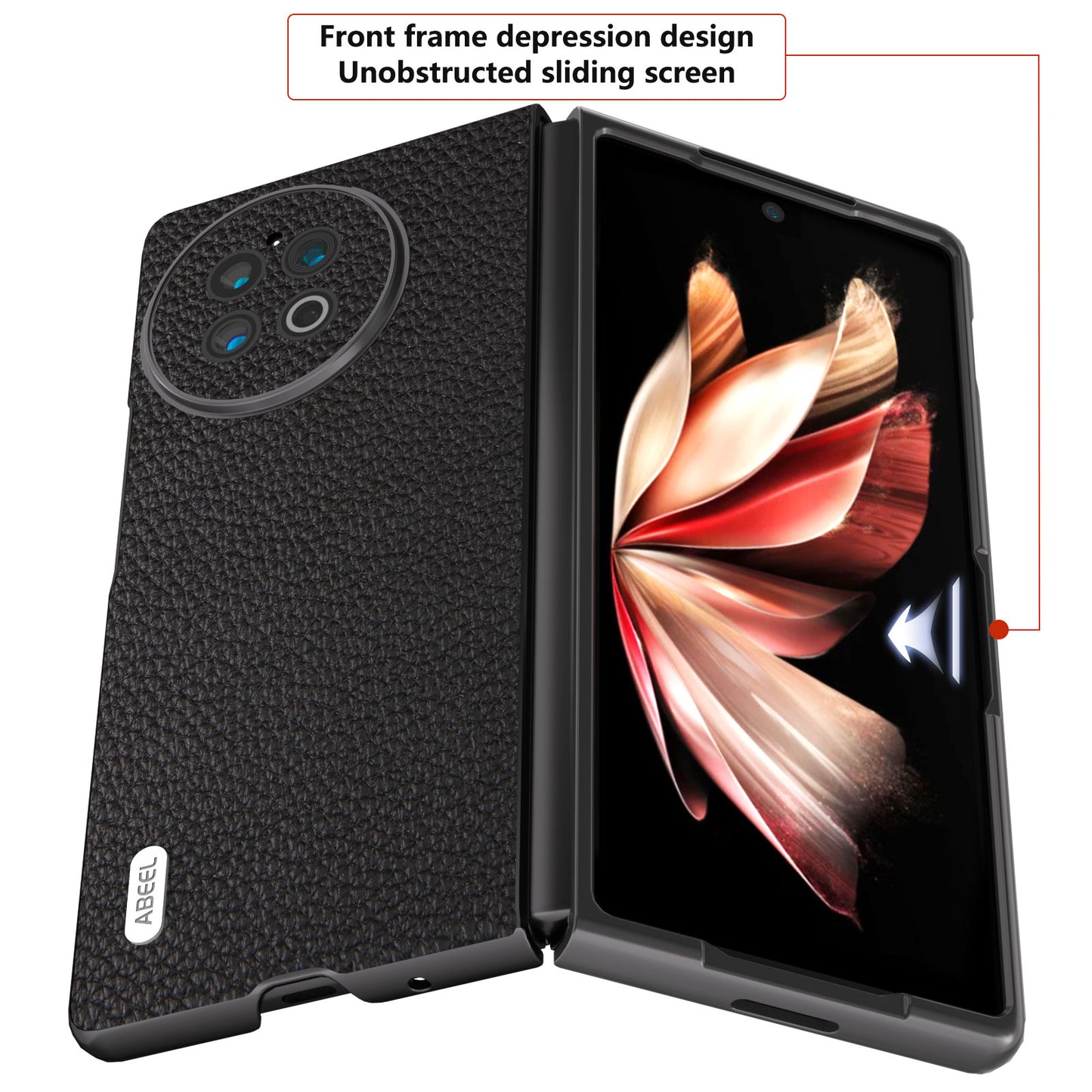 ABEEL For vivo X Fold2 Litchi Texture Phone Case Cowhide Leather + PC Ultra Thin Cover - Black