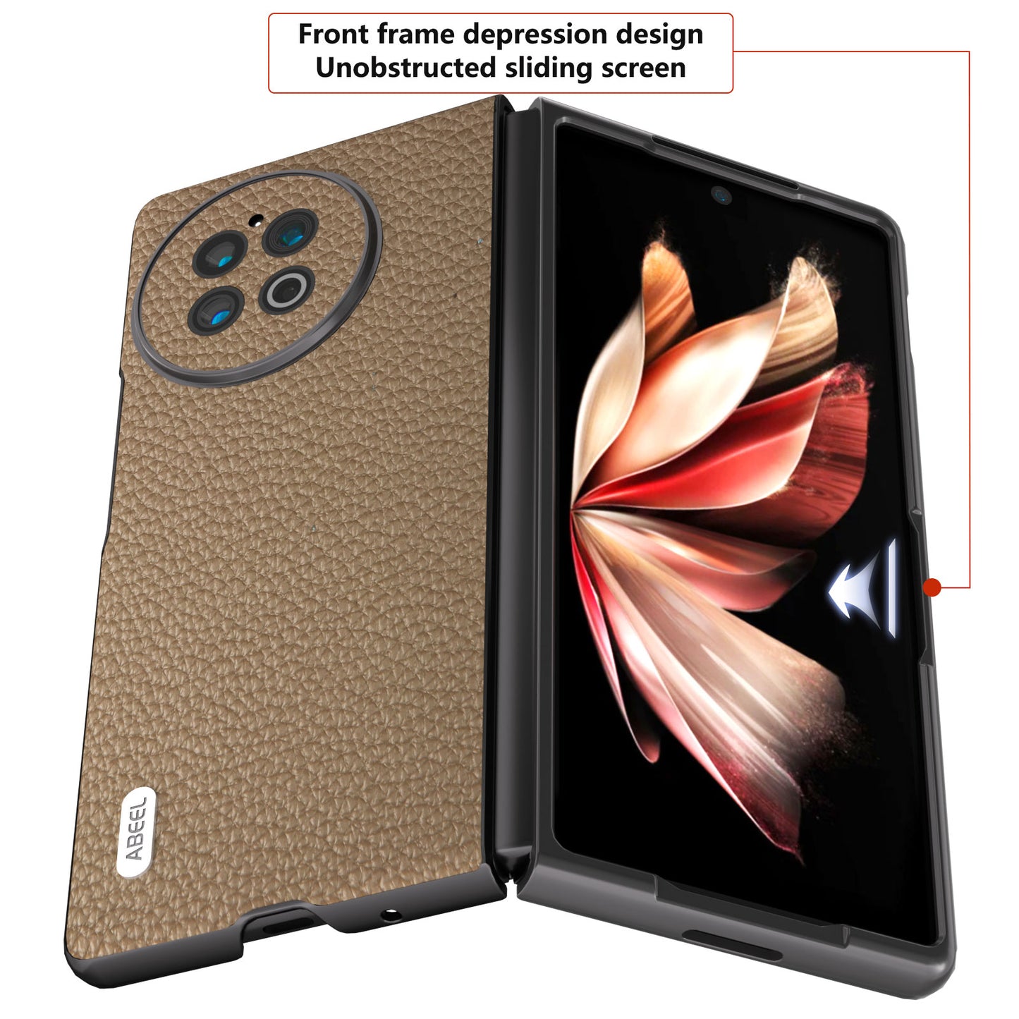 ABEEL For vivo X Fold2 Litchi Texture Phone Case Cowhide Leather + PC Ultra Thin Cover - Khaki