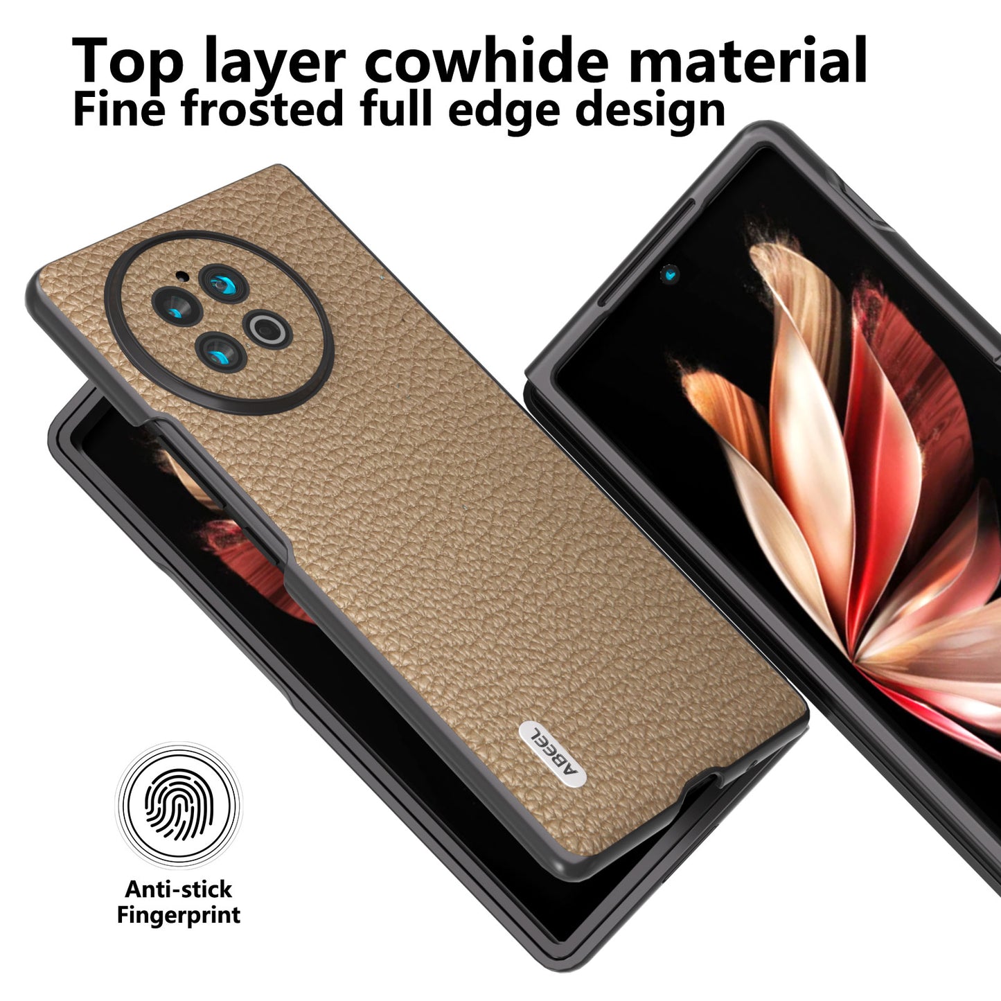 ABEEL For vivo X Fold2 Litchi Texture Phone Case Cowhide Leather + PC Ultra Thin Cover - Khaki