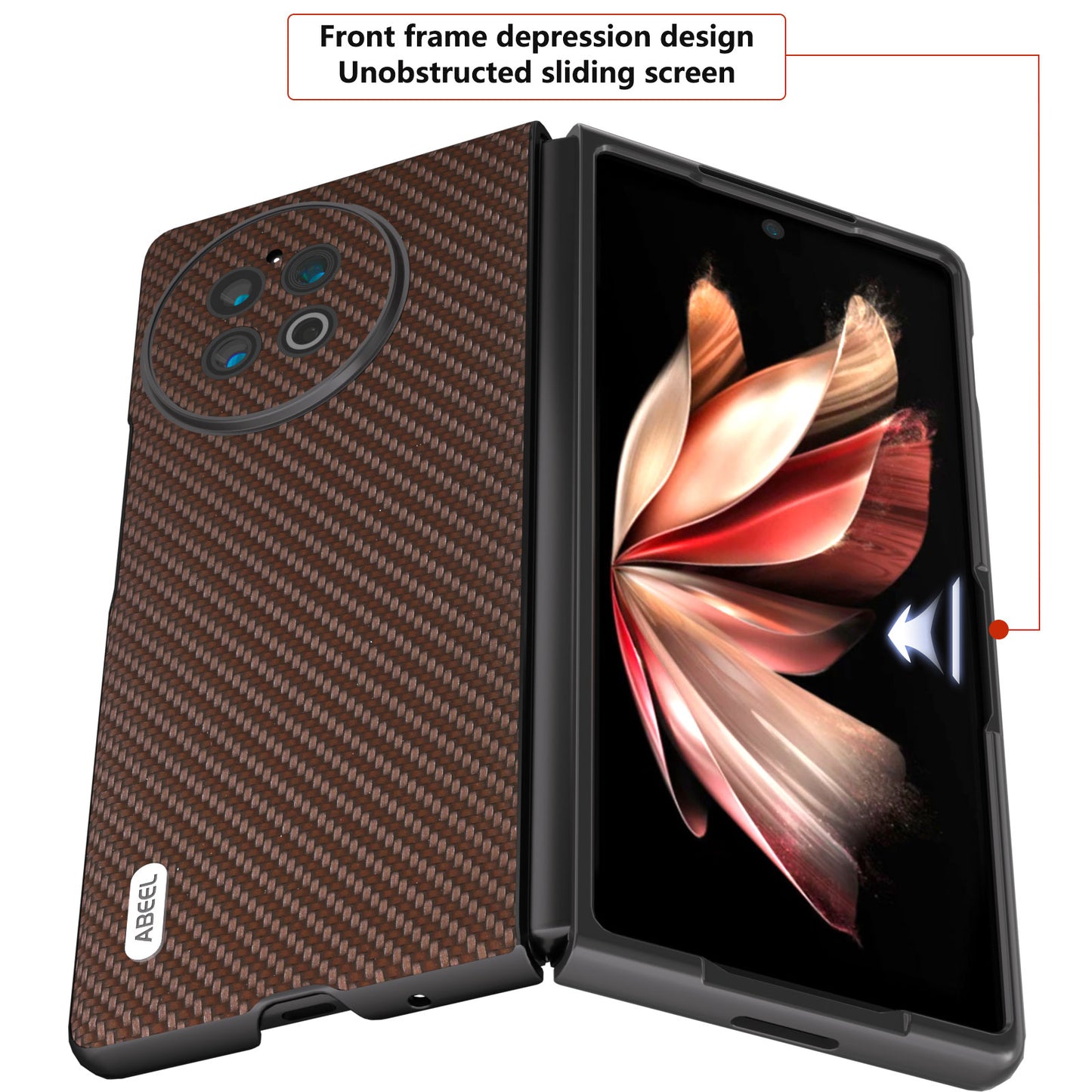 ABEEL For vivo X Fold2 Carbon Fiber Texture Phone Case PU Leather Coated PC Folding Phone Cover - Brown