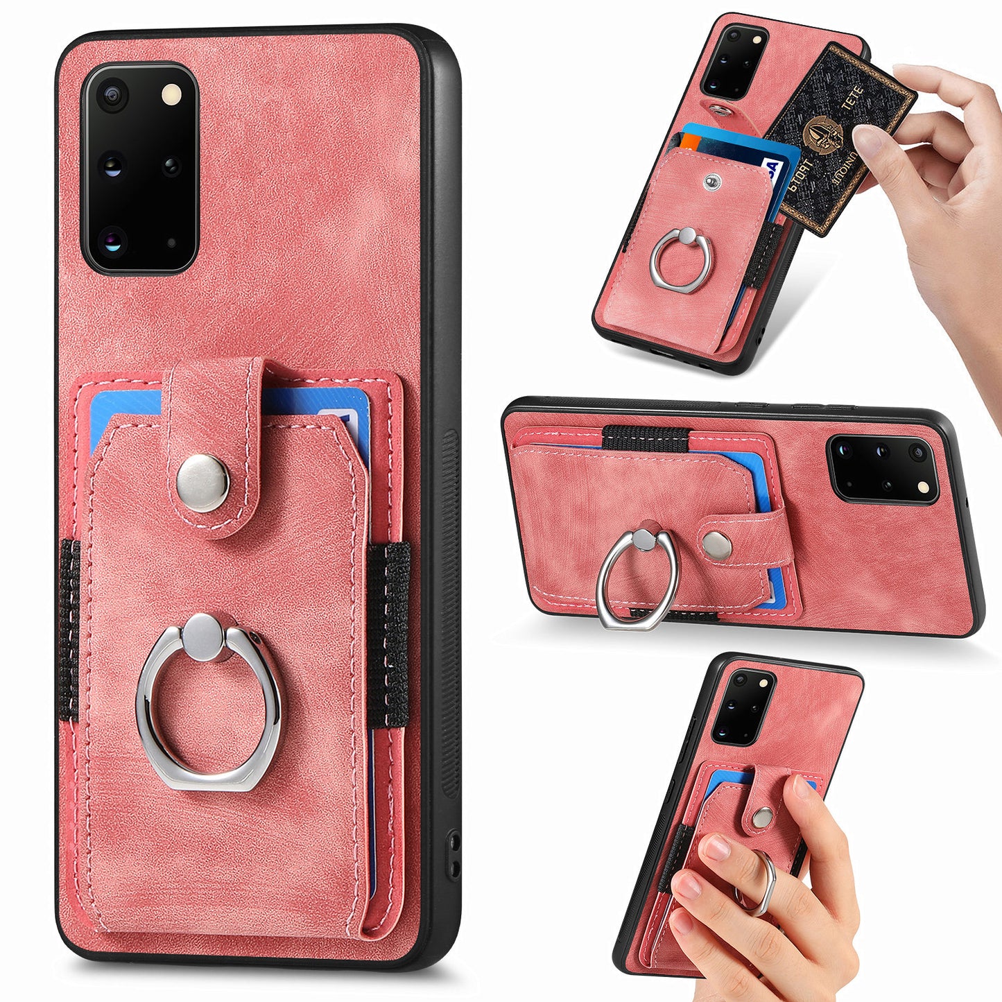 Phone Case for Samsung Galaxy S20 Plus 4G / 5G , Kickstand Ring Holder PU Leather+PC+TPU Cover with Card Slot - Rose Pink