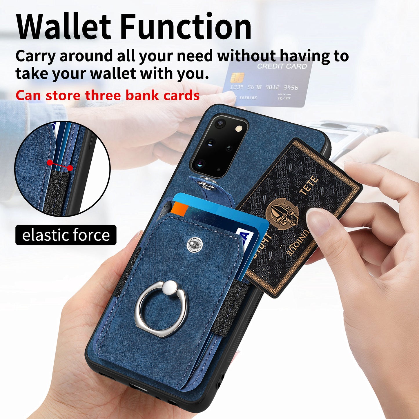 Phone Case for Samsung Galaxy S20 Plus 4G / 5G , Kickstand Ring Holder PU Leather+PC+TPU Cover with Card Slot - Dark Blue