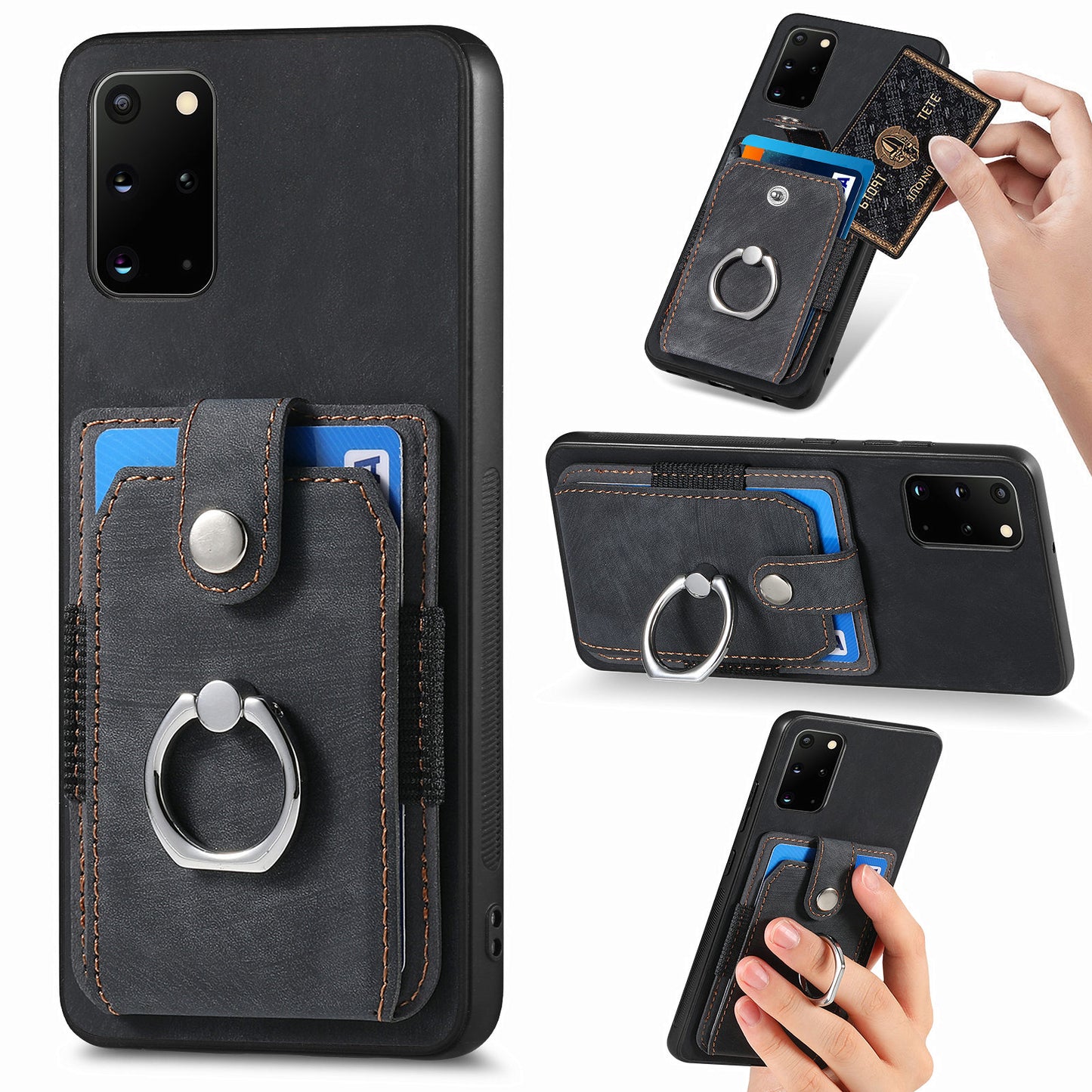 Phone Case for Samsung Galaxy S20 Plus 4G / 5G , Kickstand Ring Holder PU Leather+PC+TPU Cover with Card Slot - Black