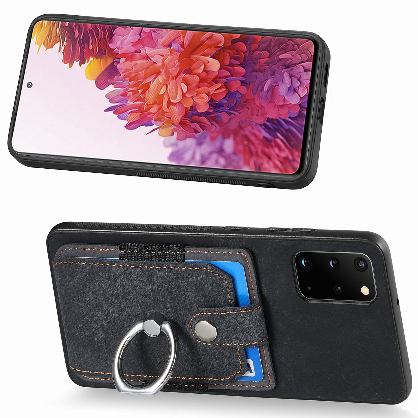 Phone Case for Samsung Galaxy S20 Plus 4G / 5G , Kickstand Ring Holder PU Leather+PC+TPU Cover with Card Slot - Black