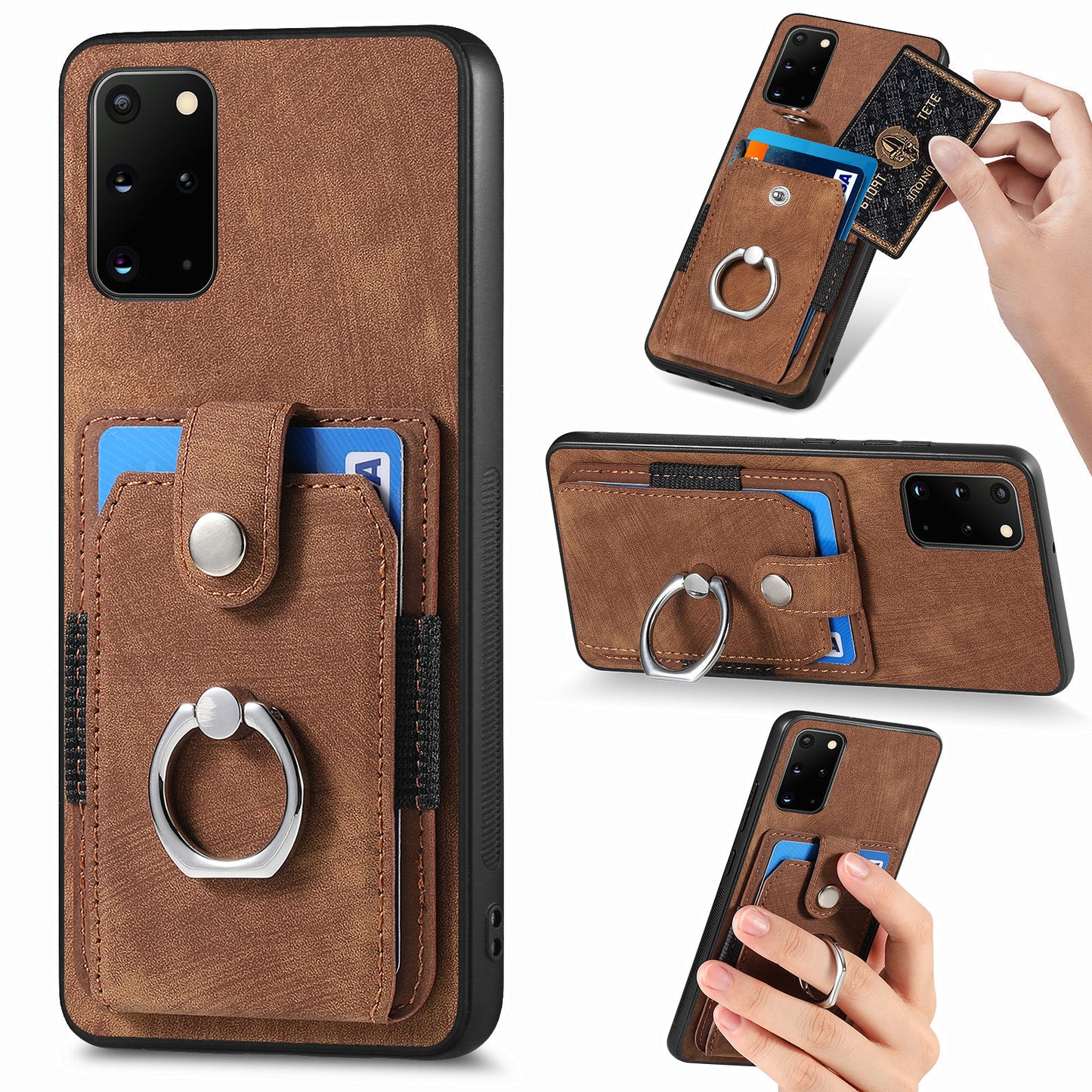 Phone Case for Samsung Galaxy S20 Plus 4G / 5G , Kickstand Ring Holder PU Leather+PC+TPU Cover with Card Slot - Brown