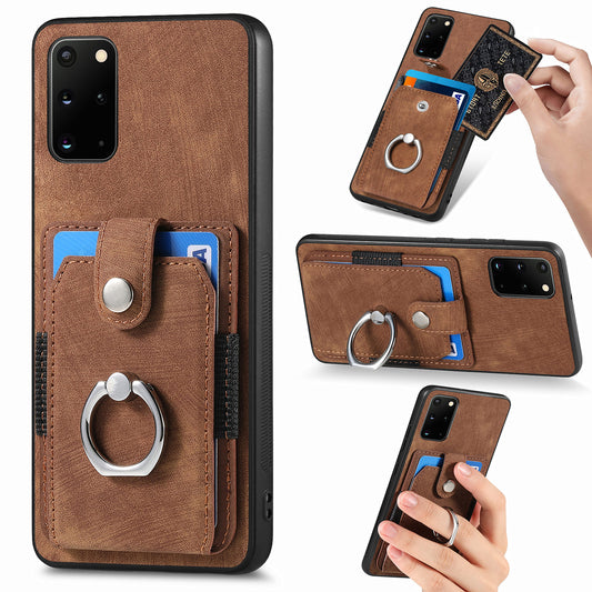 Phone Case for Samsung Galaxy S20 Plus 4G / 5G , Kickstand Ring Holder PU Leather+PC+TPU Cover with Card Slot - Brown