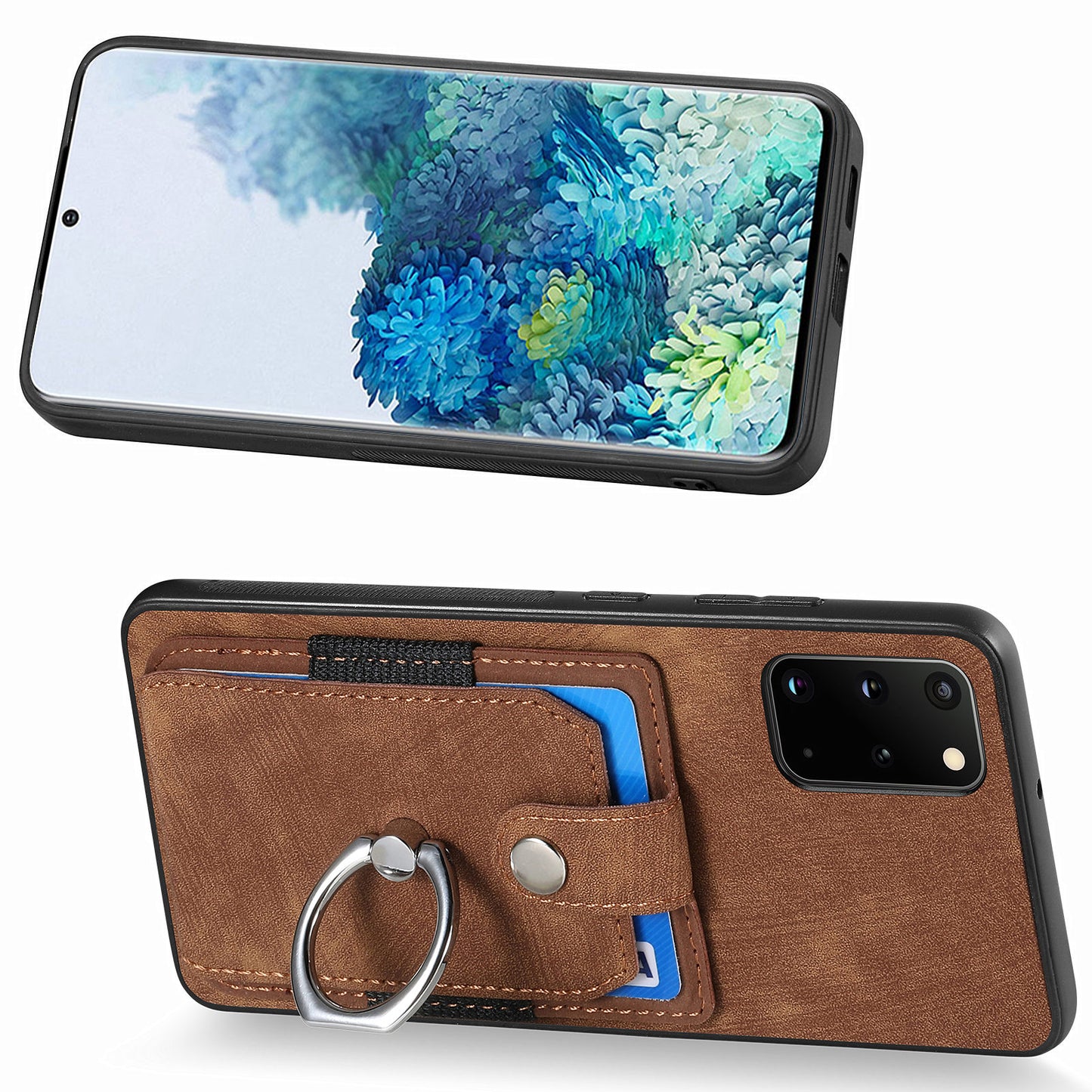 Phone Case for Samsung Galaxy S20 Plus 4G / 5G , Kickstand Ring Holder PU Leather+PC+TPU Cover with Card Slot - Brown