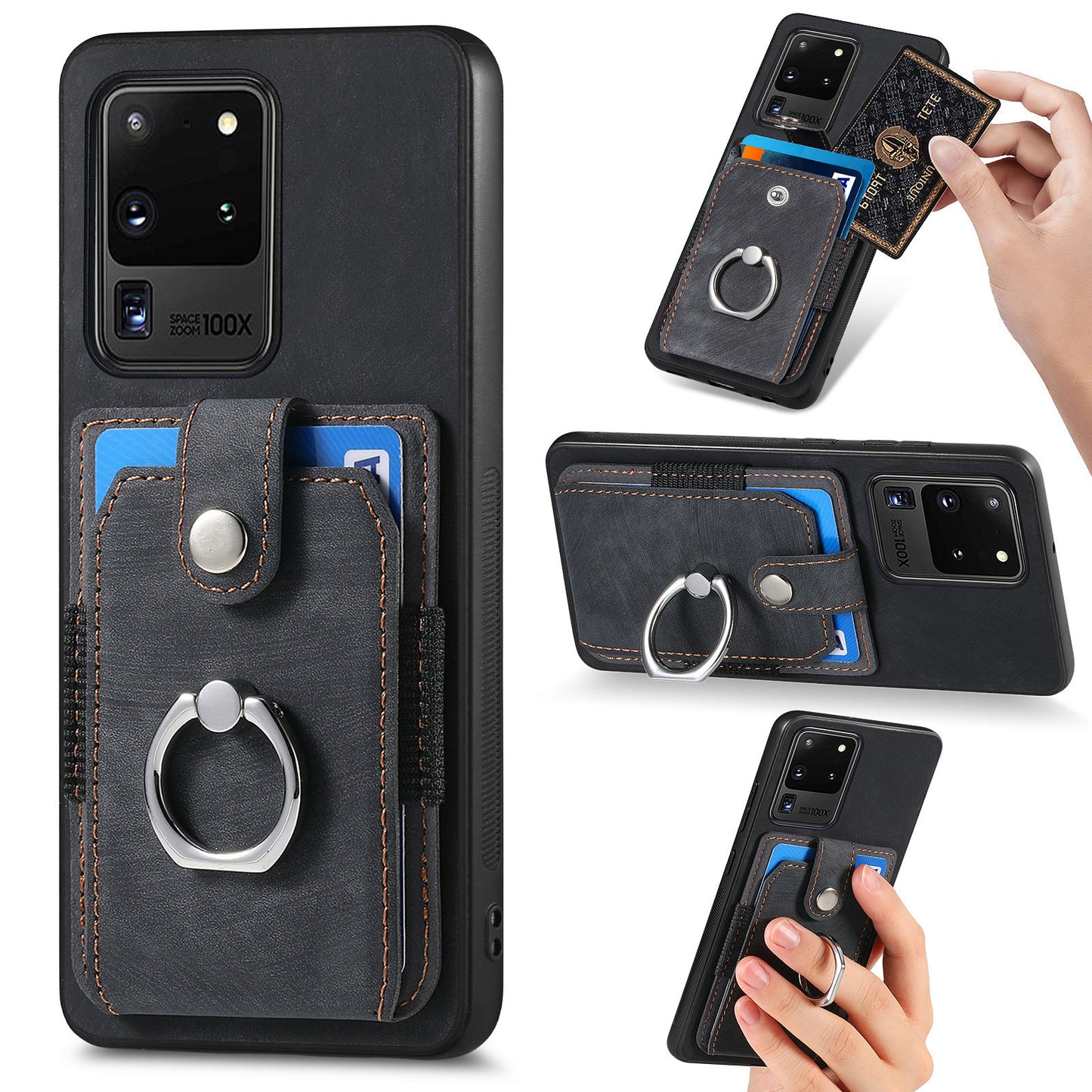 Phone Case for Samsung Galaxy S20 Ultra Card Holder Kickstand Slim Case PU Leather TPU PC Cover - Black