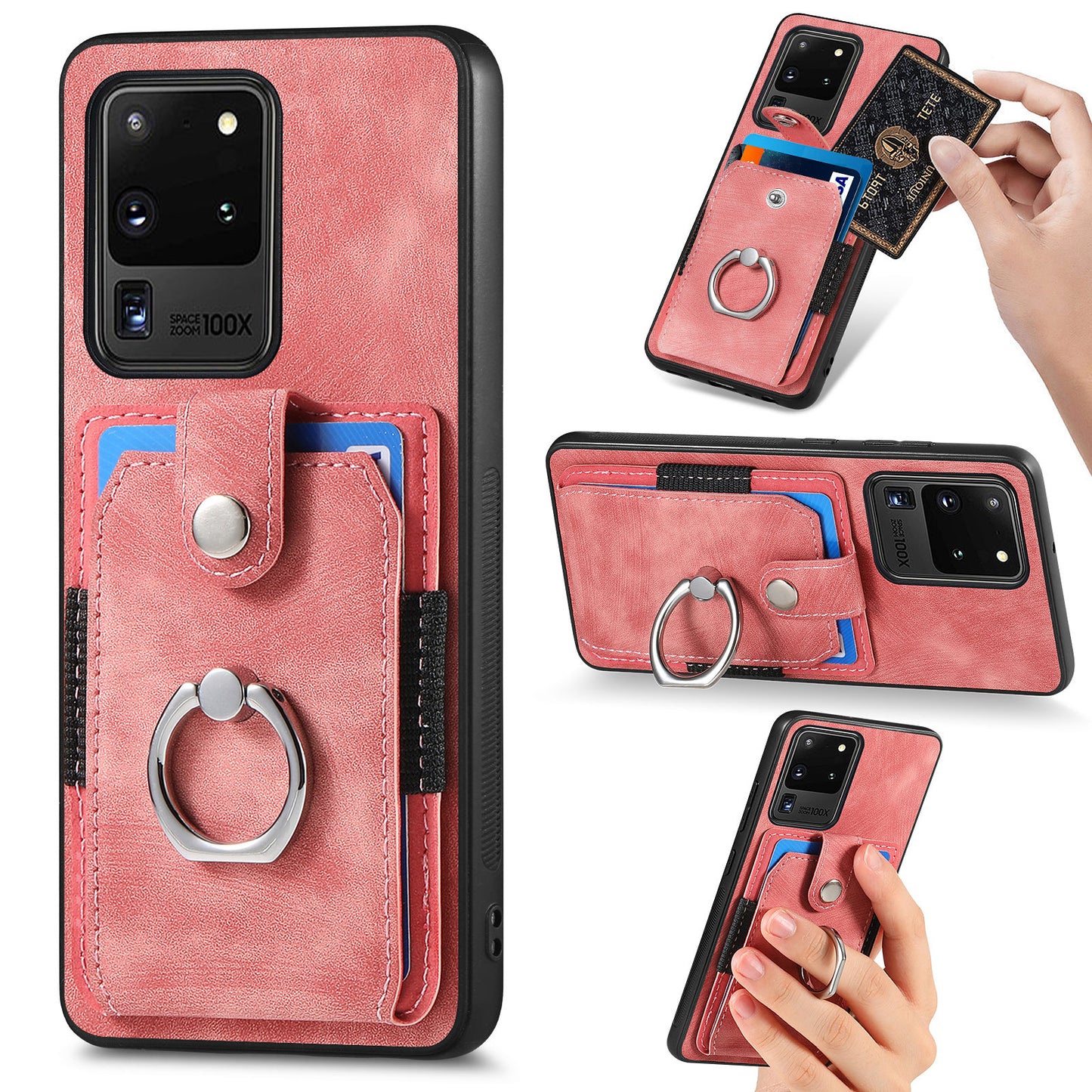 Phone Case for Samsung Galaxy S20 Ultra Card Holder Kickstand Slim Case PU Leather TPU PC Cover - Rose Pink