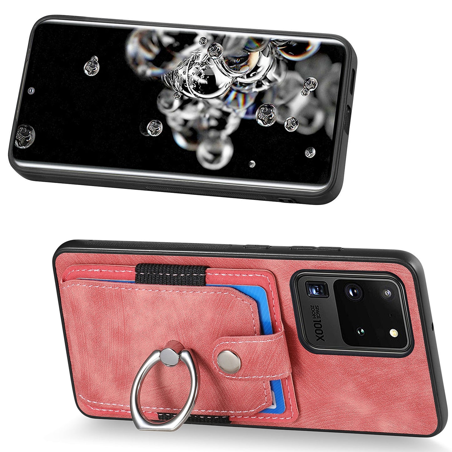 Phone Case for Samsung Galaxy S20 Ultra Card Holder Kickstand Slim Case PU Leather TPU PC Cover - Rose Pink