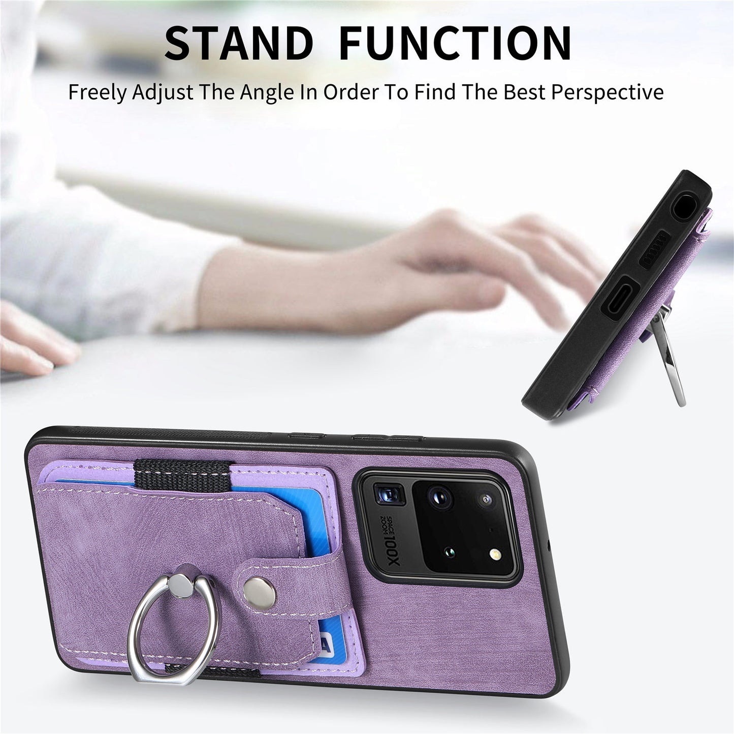 Phone Case for Samsung Galaxy S20 Ultra Card Holder Kickstand Slim Case PU Leather TPU PC Cover - Light Purple
