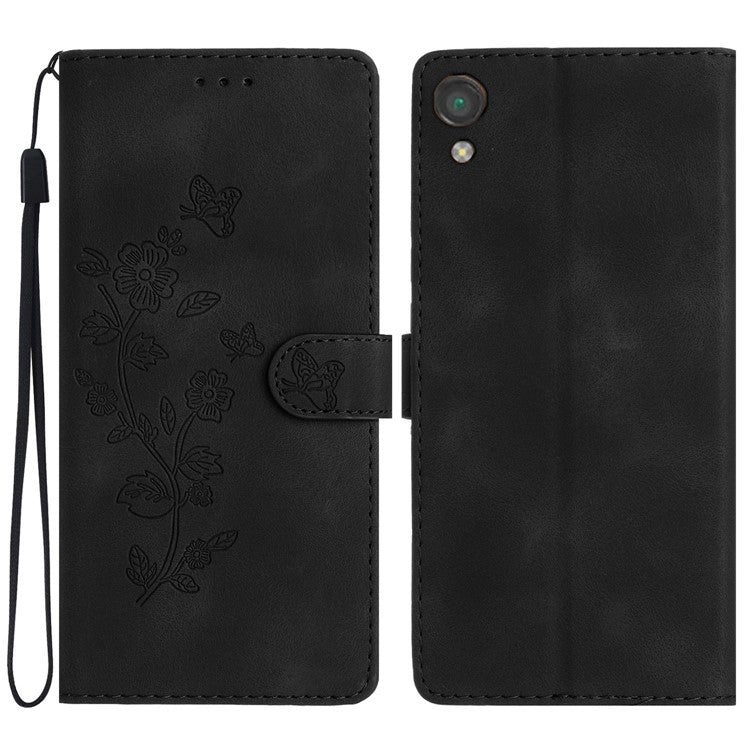 For Sony Xperia L1 Flower Imprint Cover Leather Wallet Stand Shockproof Cell Phone Case - Black