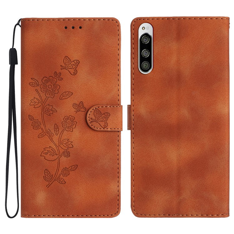 Flower Imprint Leather Case for Sony Xperia 5 , Wallet Stand Mobile Phone Protective Cover - Brown