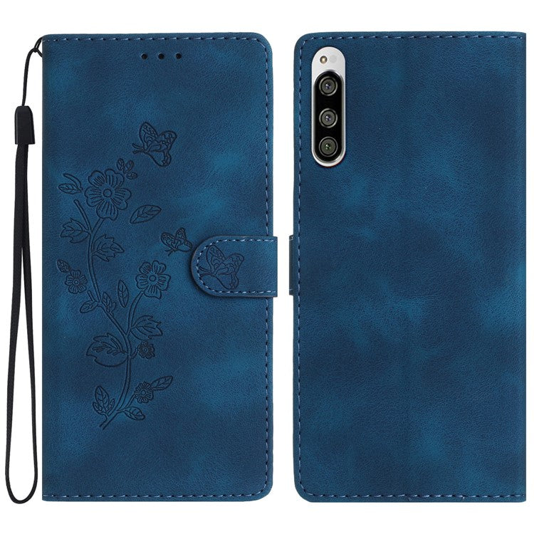 Flower Imprint Leather Case for Sony Xperia 5 , Wallet Stand Mobile Phone Protective Cover - Blue