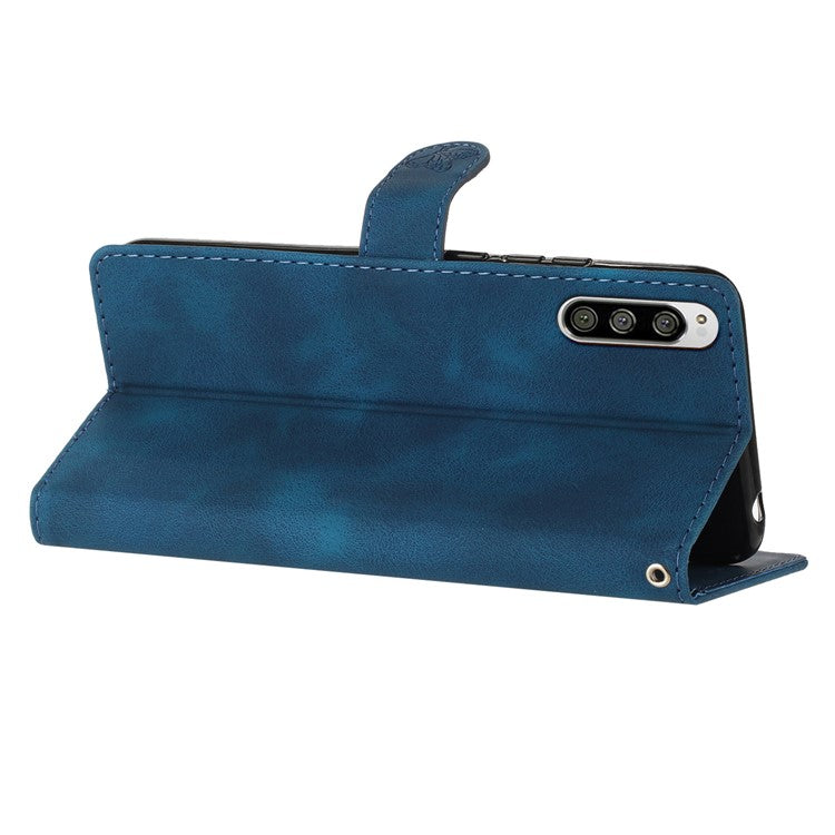 Flower Imprint Leather Case for Sony Xperia 5 , Wallet Stand Mobile Phone Protective Cover - Blue