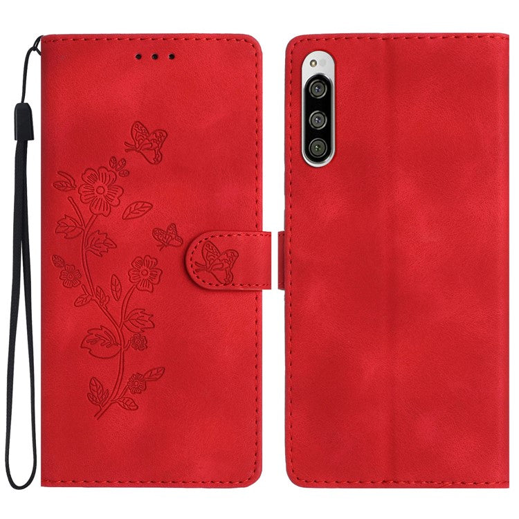 Flower Imprint Leather Case for Sony Xperia 5 , Wallet Stand Mobile Phone Protective Cover - Red