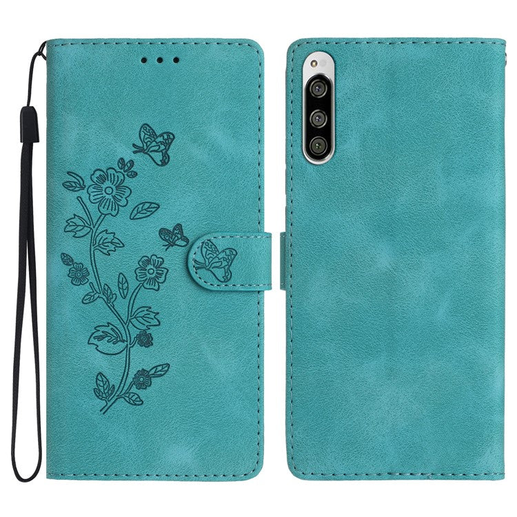 Flower Imprint Leather Case for Sony Xperia 5 , Wallet Stand Mobile Phone Protective Cover - Sky Blue