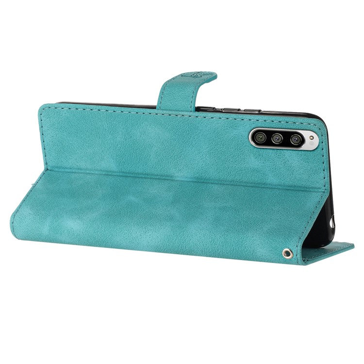 Flower Imprint Leather Case for Sony Xperia 5 , Wallet Stand Mobile Phone Protective Cover - Sky Blue