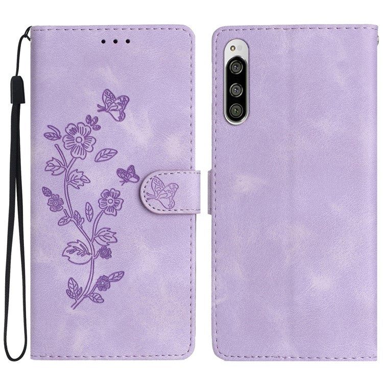 Flower Imprint Leather Case for Sony Xperia 5 , Wallet Stand Mobile Phone Protective Cover - Purple