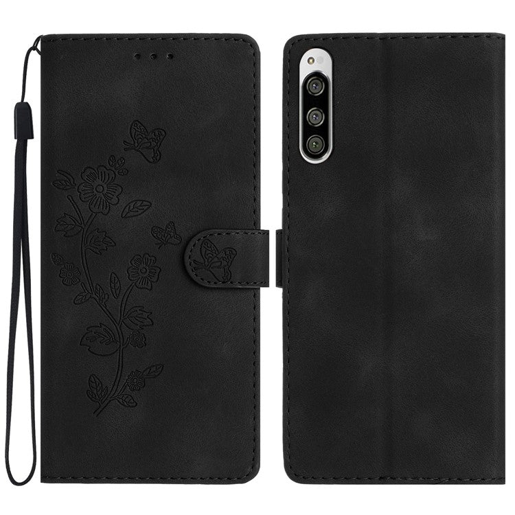 Flower Imprint Leather Case for Sony Xperia 5 , Wallet Stand Mobile Phone Protective Cover - Black