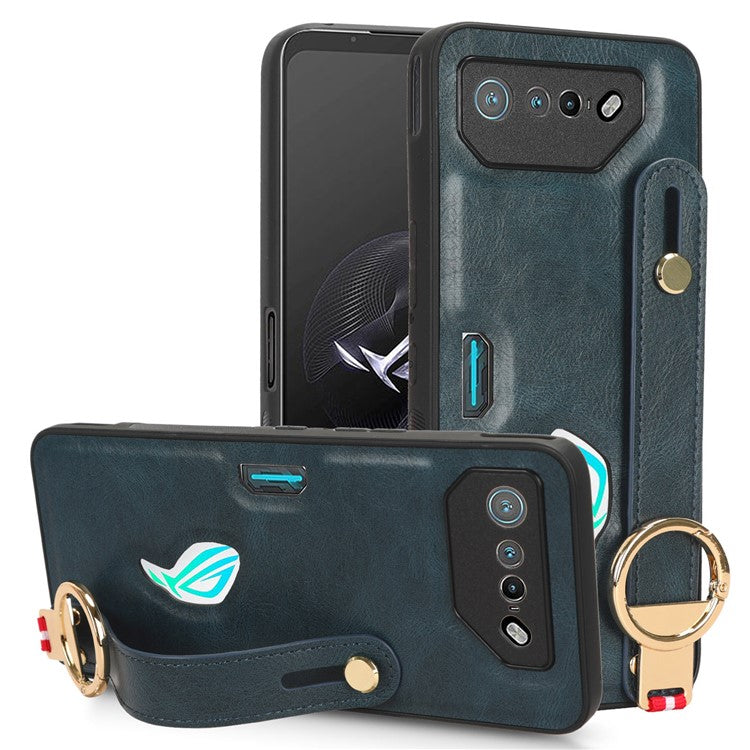 For Asus ROG Phone 7 5G Wristband Kickstand Phone Case PU Leather Coated PC+TPU Cover with Bottle Opener - Blue