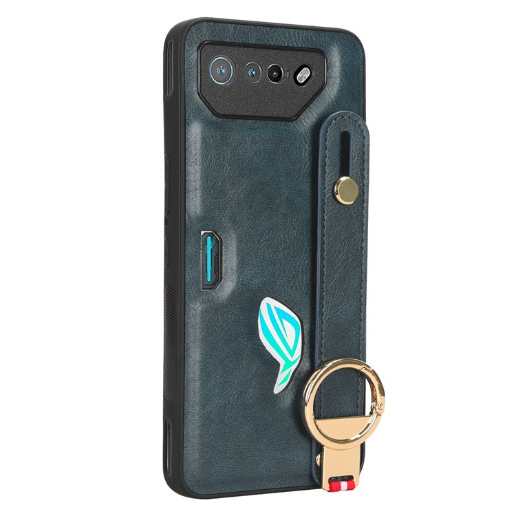 For Asus ROG Phone 7 5G Wristband Kickstand Phone Case PU Leather Coated PC+TPU Cover with Bottle Opener - Blue