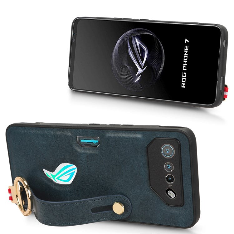 For Asus ROG Phone 7 5G Wristband Kickstand Phone Case PU Leather Coated PC+TPU Cover with Bottle Opener - Blue