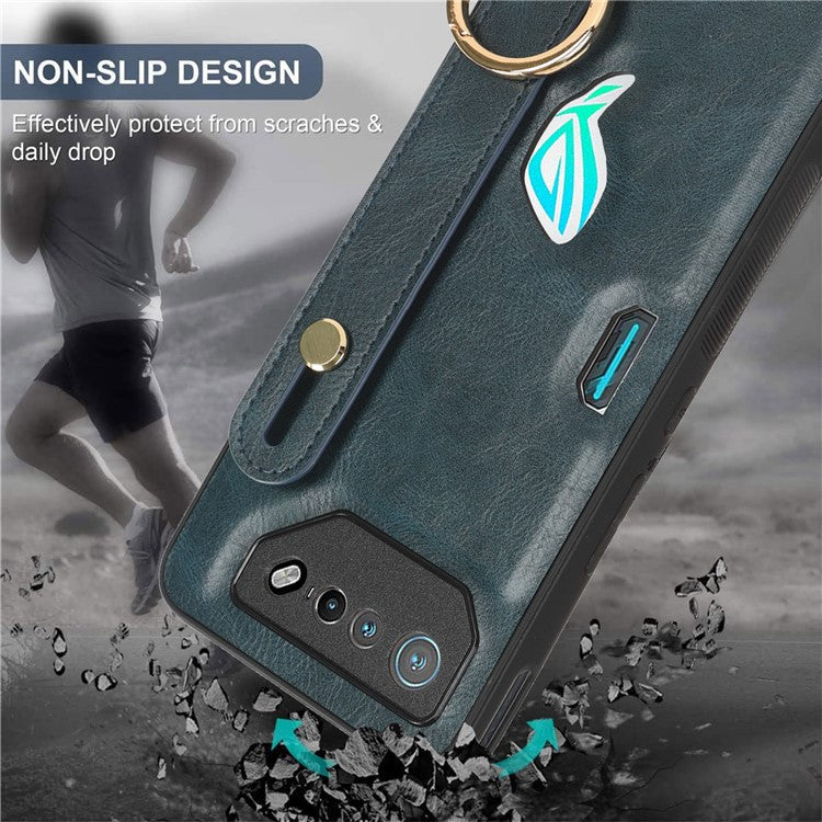 For Asus ROG Phone 7 5G Wristband Kickstand Phone Case PU Leather Coated PC+TPU Cover with Bottle Opener - Blue